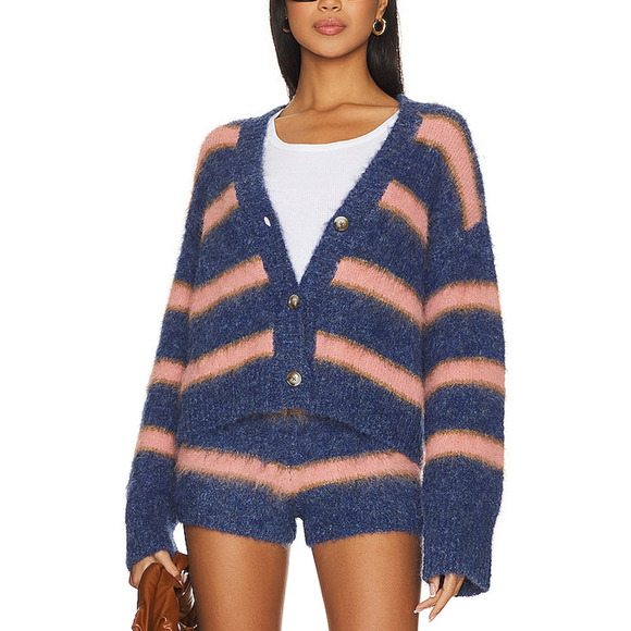 l*space Sweaters - L Space Fuzzy Blue And Pink Montauk Stripe Cardigan Sweater Size S